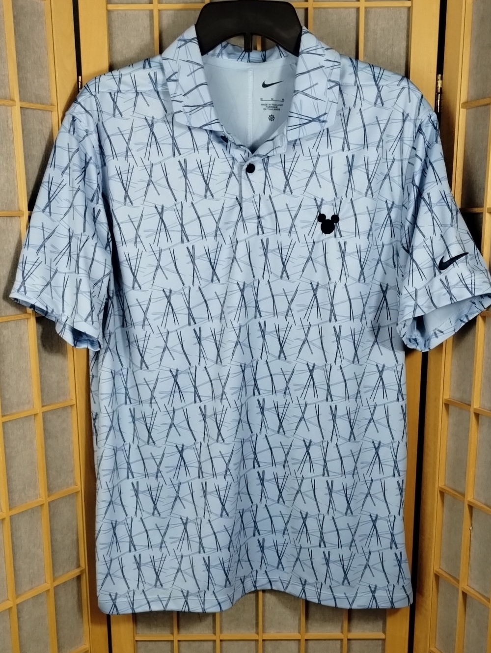 Disney Mickey Nike Light Blue Polo with Navy Abstract Print Mickey Logo Size M